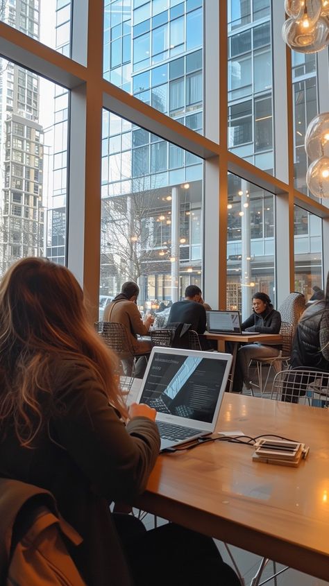 Café Work Scene: A young professional woman focuses on her laptop in a bustling café with a city view. #woman #laptop #café #working #cityscape #aiart #aiphoto #stockcake ⬇️ Download and 📝 Prompt 👉 https://ayr.app/l/Tcwc Work In Cafe Aesthetic, Work Laptop Aesthetic, Community Photoshoot, Work With A View, Working In Cafe, Business Work Aesthetic, Cafe Working, Woman Working On Laptop, Study Well