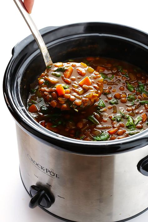 This Slow Cooker Curried Lentil Soup only takes about 10 minutes to prep, then let the crock-pot do the rest of the work to make this delicious, healthier vegetarian comfort food. | gimmesomeoven.com (Gluten-Free / Vegetarian / Vegan) Lentil Soup Recipe Healthy, Slow Cooker Curry, Curried Lentil Soup, Vegetarian Comfort Food, Best Crockpot Recipes, Breakfast Low Carb, Overnight Oat, Lentil Soup Recipes, Gimme Some Oven