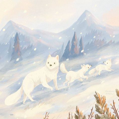 Raahat Kaduji ↟ Illustrator en Instagram: “Day 1 - Through the Snow . Happy Animal Adventures Week! 📯🌟🌿 This year, I'm featuring new animals for each prompt and decided to start off…” Snow Illustration, Paint Pencil, Fox Family, Prompt List, Snow Art, Fox Illustration, June 1st, Arctic Animals, Creative Challenge