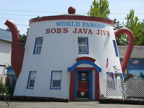 Untitled  World Famous Bob's Java Jive  A favorite landmark in Tacoma, on historic South Tacoma Way. Novelty Architecture, Giant Things, Architecture Unique, Washington State Travel, Teapots Unique, Unusual Buildings, Tacoma Washington, Local Shops, Dive Bar