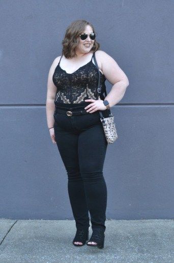 Plus Size Night Out Tops, Plus Size Lace Bodysuit Outfit, Plus Lace Bodysuit Outfit, Black Lace Bodysuit Outfit Plus Size, Black Clothes Edgy, Lace Bodysuits Plus Size, Black Lace Bodysuit Outfit Jeans, Bodysuit Outfit Plus Size, Plus Size Bodysuit Outfit