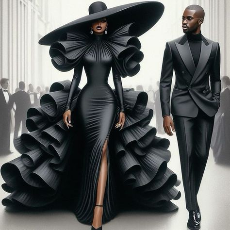 Royal Jumpsuit, High Fashion Dresses, Fashion Design Collection, Fashion Illustration Dresses, Glamour Dress, Fantasy Gowns, Futuristic Fashion, Fantasy Dress, Black Women Art