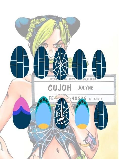 Jojo's Bizarre Adventure Nail Art, Jolyne Kujo Nails, Jjba Inspired Nails, Jojo Nails Art Designs, Jojo Inspired Nails, Jojo's Bizarre Adventure Nails, Genshin Inspired Nails, Jjba Nails, Anime Themed Nails