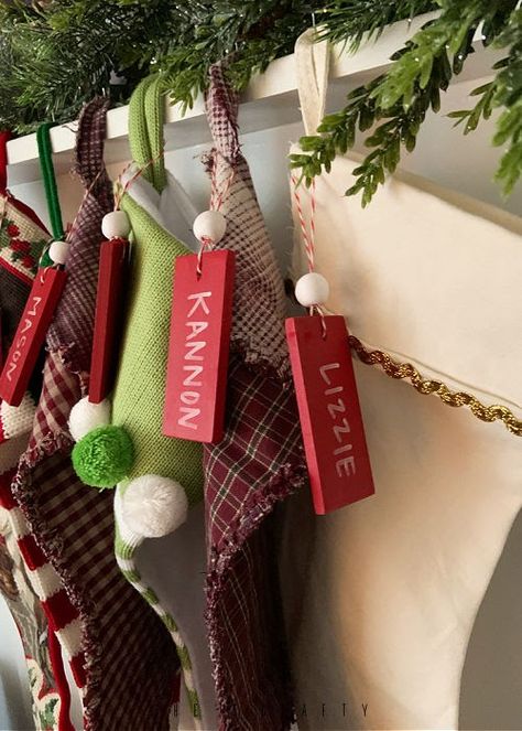 How to make a Name Tag for Stockings Diy Christmas Name Tags, Diy Name Tags, Stockings Diy, Stocking Name Tags, Christmas Name Tags, Stockings With Names, Red Crafts, Diy Stockings, White Paint Pen