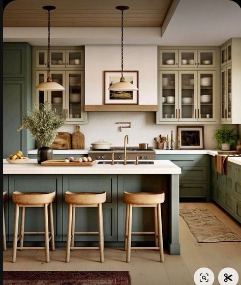 Dual Color Kitchen, Kitchens With Color, White Kitchen Islands, Natural Kitchen Design, Kitchen Color Palette, Kitchen Cabinet Inspiration, Green Kitchen Cabinets, Green Cabinets, House Design Kitchen