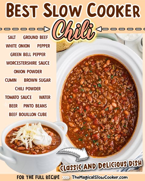 This slow cooker chili recipe will leave the crockpot empty and your family asking for more. It calls for simple pantry favorites that make for a hearty chili that's absolutely delicious. It truly doesn't get much easier than this dump-and-go recipe - perfect for busy weeknights or weekends. - The Magical Slow Cooker Best Easy Chili Recipe Crockpot, Chili With Cocoa Powder Crock Pot, Best Slow Cooker Chili Recipe, The Best Chili Recipe Crock Pots, Crock Pot Chili Recipes Slow Cooker, Best Crockpot Chilli, Easy Crock Pot Chilli Recipes, Easy Slow Cooker Chilli, Best Crockpot Chili Recipe