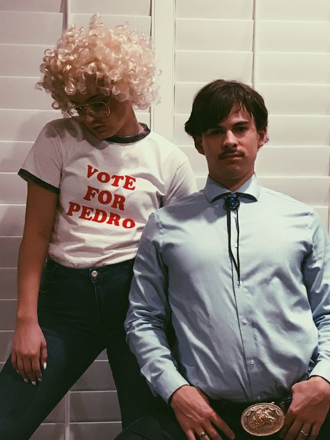 Napoleon Dynamite and Pedro #coupleshalloweencostumes #voteforpedro #easyhalloweencostumes #napoleondynamite #pedro #halloween #costumes Ironic Halloween Costumes Couple, Napoleon Dynamite Couple Costume, Napoleon Dynamite Costume Couple, Tv Show Halloween Costumes Couples, Funny Celebrity Costumes, Napoleon Dynamite Costume, 2023 Costumes, Themed Costumes, Halloween Costume Puns