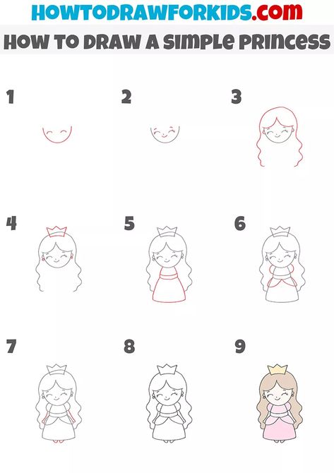 How to Draw a Simple Princess - Easy Drawing Tutorial For Kids Disney Princess Easy Drawing, Draw So Cute Princess, Princess Drawings Easy, How To Draw A Queen, Simple Princess Drawing, Cute Princess Drawings Easy, Princess Doodles Easy, How To Draw A Princess, Princess Drawing For Kids