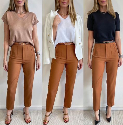 Mocha Pants Outfit Color Combos, Burnt Orange Slacks Outfit, Brick Color Pants Outfits, Outfit Pantalon Marron, Colored Pants Outfits, Slacks Outfit, Casual Work Outfits Women, Smart Casual Work Outfit, Fashionable Work Outfit