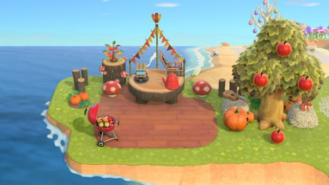 Animal Crossing Bbq Area, Acnh Grill Area, Peninsula Acnh Ideas, Acnh Bbq Area, Animal Crossing Peninsula Ideas, Acnh Peninsula, Acnh Cute Island Inspiration, Acnh Peninsula Ideas, Peninsula Ideas