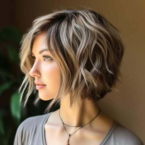 Angled Bob With Layers Texture, Short Hairstyles With Round Face, Long In Front Short In Back Hair Bob, A Line Bob With Layers, A Line Haircut With Layers, Wavy Stacked Bob, Chin Length Curly Hairstyles, Wispy Layers, Megan Ward