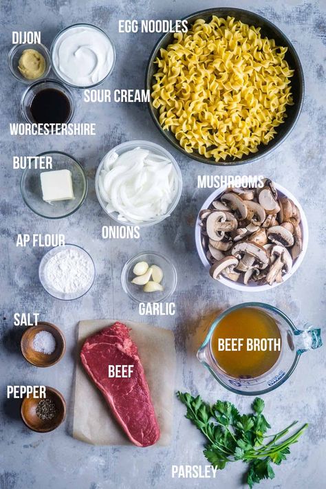 This traditional beef stroganoff is made with juicy steak, sauteed onions, mouthwatering mushrooms, and tender egg noodles in a savory stroganoff sauce – in only 30 minutes! Ground Stroganoff Recipe, Beef Stroganoff No Noodles, Beef Stroganoff With Steak Strips, Diy Beef Stroganoff, Light Beef Stroganoff, Df Beef Stroganoff, Noodles And Company Beef Stroganoff, Easy Steak Stroganoff, Noodles And Company Steak Stroganoff Recipe