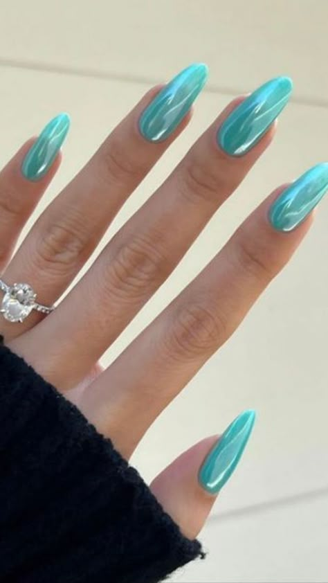 Nails 2023 Trends Turquoise, Tiffany Blue Nails Chrome, Tiffany Glazed Nails, Teal Glazed Nails, Tiffany Chrome Nails, Summer 23’ Nails, Neon Chrome Nails Hailey Bieber, Aqua Jelly Nails, Neon Glazed Donut Nails