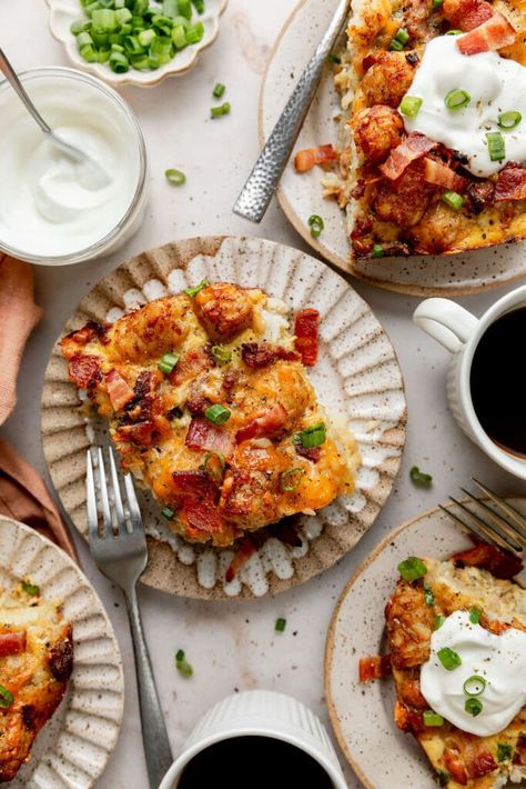 What’s better than one great casserole? It’s two great casseroles in one easy recipe! Think of this Tater Tot Breakfast Casserole as a marriage between classic Tater Tot Casserole and a Make-Ahead Breakfast Casserole. Frozen tater tots, breakfast sausage and bacon, eggs, veggies, cheese, and simple seasonings are all you need to make this satisfying breakfast recipe that’s perfect for hosting guests, brunch, holiday mornings, and nourishing weekday starters. Tater Tot Breakfast Casserole, Make Ahead Breakfast Casserole, Tater Tot Breakfast, Hearty Casseroles, Bacon Breakfast, Baked Casserole, Make Ahead Breakfast, How To Cook Sausage, Breakfast Recipes Casserole