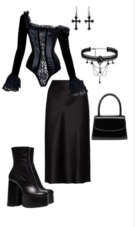 Gothic Witch Aesthetic Outfits, Estilo Vamp, Vamp Style Outfits, Vampire Fashion Aesthetic, Vampire Aesthetic Outfit, Vampy Outfit, Vamp Outfit, Rock Style Fashion, All Black Style