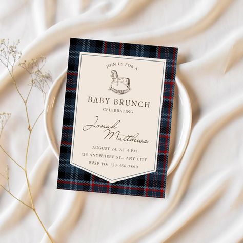 Ralph Lauren Baby Shower Theme, Plaid Baby Shower, Baby Brunch, Party Picks, Plaid Baby, Red Tartan, Baby Sprinkle, Personalized Invitations, Baby Shower Theme