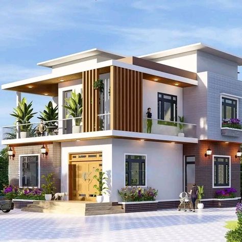 Two Side Elevation Design, Side Elevation Designs For House, Modern Narrow House Plans, 2nd Floor House Design, Farmhouse 2 Story, Farmhouse Elevation, Simple Elevation, Sher Singh, Elevation Ideas