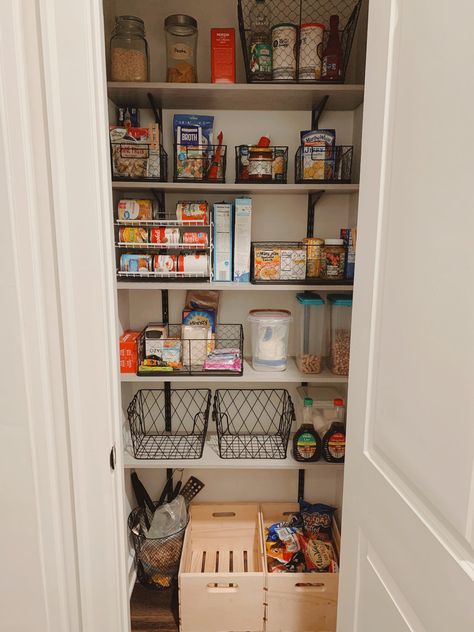 Updated the pantry by removing the wire shelves and replacing them with rubbermaid adjustable shelves Track Shelving, Pantry Remodel, Wire Shelves, Small Pantry, Grand Homes, House Things, Kitchen Reno, Wire Shelving, The Wire