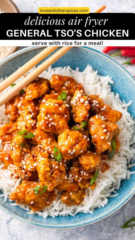 Airfryer General Tso Chicken, Healthy General Tso Chicken Air Fryer, Air Fryer Honey Sesame Chicken, Air Fryer General Tso Chicken Easy, General Tao Chicken Air Fryer, Chinese Chicken Air Fryer, Chinese Food Recipes Air Fryer, Ww Chinese Recipes, Sweet Chili Chicken Air Fryer