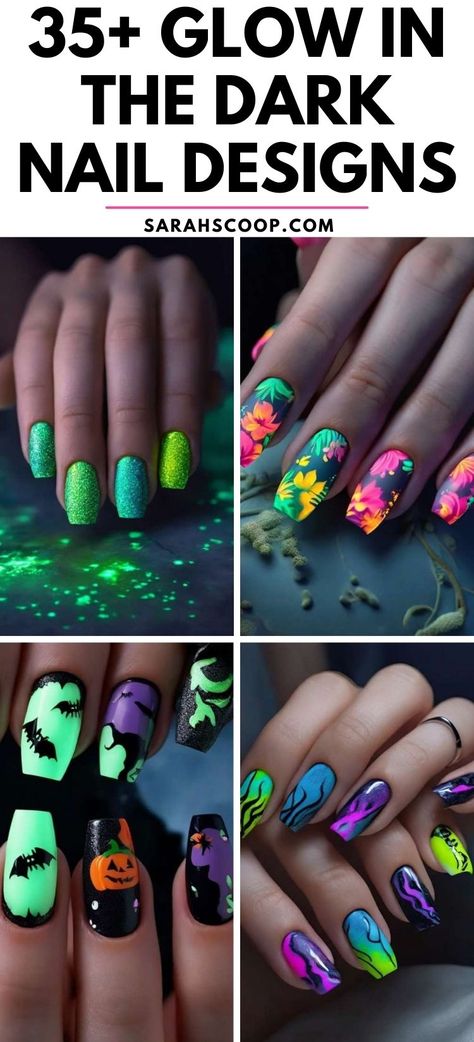 Light up the night with 35+ glow-in-the-dark nail designs! 🌟💅 Perfect for a look that's either dazzling or spooky. #GlowNails #NailArt #SpookySeason October Nails Glow In The Dark, Glow In The Dark Fall Nails, Glow In The Dark Witchy Nails, Cute Glow In The Dark Nails, Glow In The Dark Dip Nails, Glow In The Dark Halloween Nails Short, Glow In Dark Nails Art Designs, Glow In Dark Halloween Nails, Glow In The Dark Acrylic Nails Ideas