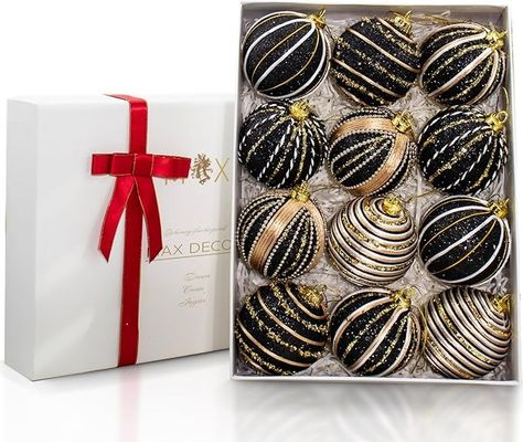 Amazon.com: 12 Pcs Christmas Ball Ornaments, 3.15 Inches Black and Gold Christmas Tree Decorations, Large Shatterproof Luxury Silk Jute Twine Gold String Rustic Ornaments for Xmas Tree, Wedding, Party Decor : Home & Kitchen Black And Gold Christmas Tree, Black White And Gold Christmas, Silver Gold Christmas, Black And Gold Christmas, Black Gold Christmas, Gold Christmas Tree Decorations, Gold Christmas Ornaments, Christmas Ball Ornaments, Rustic Ornaments