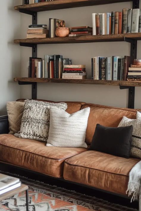 21 Brown Couch Living Room Decorating Ideas Decor Behind Sectional Couch, Styling Leather Couch, Brown Leather Couch Living Room Decor, Dark Brown Leather Couch, Brown Sofa Decor, Behind Couch Decor, Brown Couch Decor, Brown Leather Sofa Living Room, Dark Brown Leather Sofa