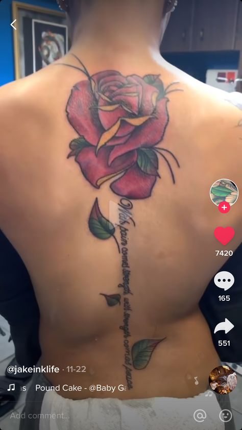 Full Spine Tattoos For Women, Large Rose Tattoo, Spinal Tattoo Women, Jay Tattoo, Flower Tats, Rose Tattoo On Back, Tattoo Thoughts, Nice Tattoos