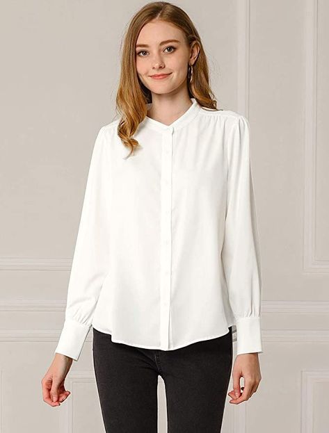 Allegra K Women's Mandarin Collar Office Top Long Sleeve Button Down Shirt in White for $29.99 Mandarin Collar Shirt Women, Law Aesthetic, Stand Collar Top, Office Top, Mandarin Collar Shirt, Office Shirt, Office Wardrobe, Elegant Office, The Office Shirts