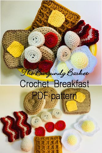 Crochet Breakfast Food: Kids Play Food - The Burgundy Basket Crochet Breakfast, Kids Play Food, Kids Pretend Play Toys, Confection Au Crochet, Pretend Food, Food Patterns, Toy Food, Crochet Food, Food Kids