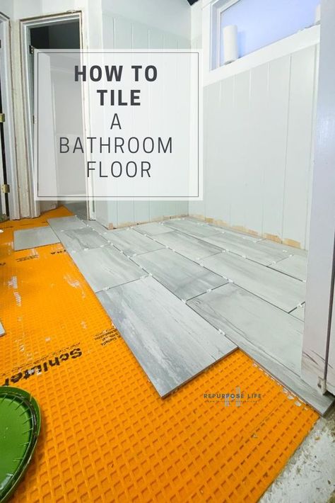 Step by step guide to tile a bathroom floor. Easy to follow and best supplies to use. Tile Bathroom Floor Diy, How To Diy Bathroom Remodel, Bathroom All Tiled, Diy Bathroom Floor Remodel, Waterproofing Bathroom Floor, Tiling A Bathroom Floor, Retile Bathroom Floor Diy, Diy Tile Bathroom Floor, Diy Bathroom Tile Floor