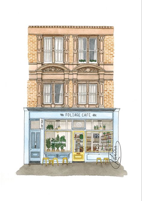 Blue facade of foliage cafe clifton watercolour painting Cafe With Apartment Above Exterior, 2d Building Drawings, Town Doodles, Urban Anna, Cafe Watercolor, Cafe Drawing, Abstract Watercolor Tutorial, Beautiful Cafe, Blue Drawings