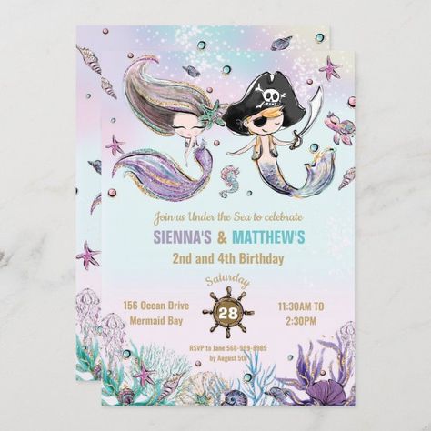 Mermaids and Pirates Twins Siblings Joint Birthday Invitation Mermaids And Pirates, Pirate Birthday Party Invitations, Pirate Birthday Invitations, Pirate Boy, Twins 1st Birthdays, Plantas Vs Zombies, Mermaid Birthday Invitations, Pirate Birthday Party, 2nd Birthday Invitations