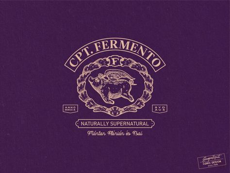 Vintage flying pig Logo Concept for Captain Fermento Foods, a small Australian business that manufactures artisan fermented foods in an “old-school” way, relying on Hungarian traditions. The mascot was inspired by Victorian era zoological lexicon illustrations and the entire design by XIXth century liquor label stamps with engravings, with a touch of art nouveau. #coricdesign #branding #logo Foods Logo Design, Hungarian Traditions, Flying Pig Logo, Wordmark Logo Typography, Foods Logo, Liquor Label, Logo Inspiration Vintage, Small Business Logo Design, Pig Logo