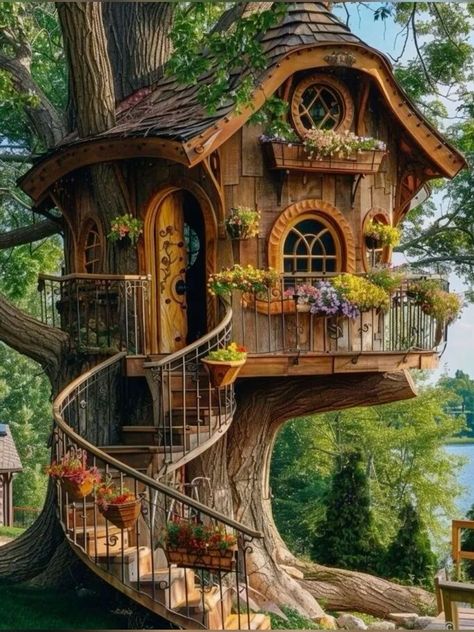 Cool Tree Houses For Kids, Fantasy Cabin, Adult Tree House, Whimsical Treehouse, Treehouse Design, Fort Ideas, Tree House Interior, Luxury Tree Houses, Garden Board