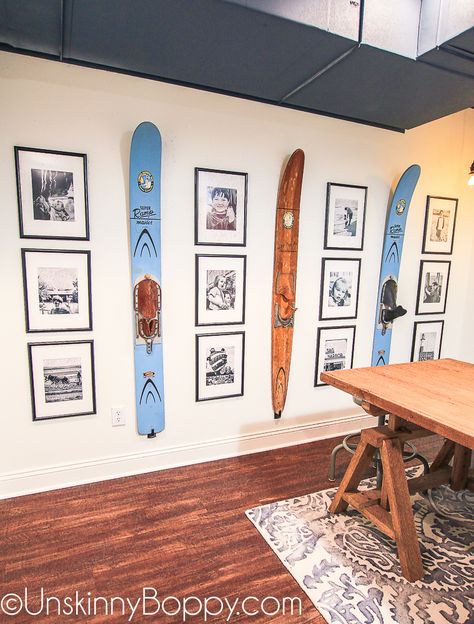 Small Ski Condo Decor Interior Design, Lake House Rec Room, Vintage Waterski Decor, Ski Office Decor, Boathouse Decor, Water Ski Shelf, Decorating With Water Skis, Vintage Water Ski Decor, Lakehouse Basement Ideas