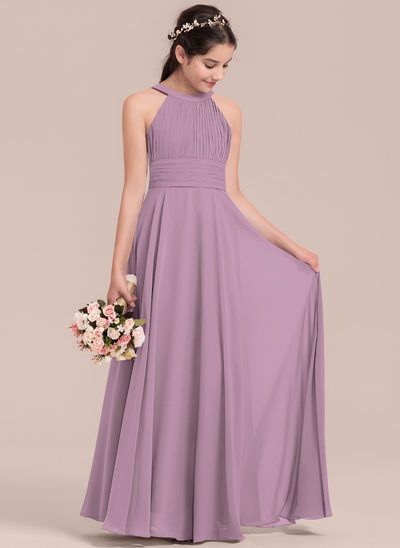 A-Line/Princess Scoop Neck Floor-Length Chiffon Junior Bridesmaid Dress With Ruffle (009130653) Teen Dresses For Wedding, Scoop Neck Bridesmaid Dress, Wedding Kids Outfit, Bridesmaid Dresses Floor Length, Girls Bridesmaid Dresses, Pnina Tornai, Amanda Dress, Dresses Chiffon, Bridesmaid Dresses Online