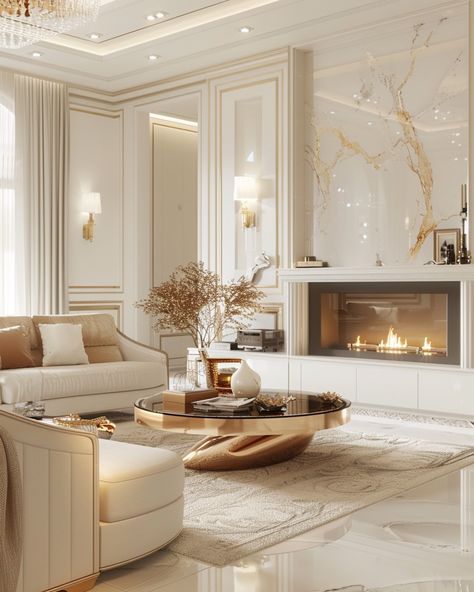 Beige Gold Interior Design, Cream And Gold Living Room, White And Gold Room, Glam Style Living Room, White And Gold Living Room, Modern Glam Interior Design, Gold Interior Design, Luxury Living Room Inspiration, Living Room Designs Modern