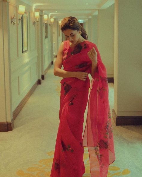 Organza Sari, Red Sari, Red Sleeveless Blouse, Taapsee Pannu, Vogue India, Low Ponytail, Saree Look, Wearing Red, Saree Styles