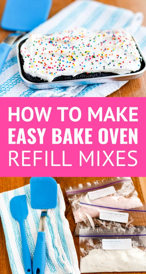 How To Make Easy Bake Oven Mixes -- learn how to make your own Easy Bake Oven refills from boxed cake mixes, yields 33 refills for under $4!!! If you have kids that love to bake with their Easy Bake Oven, you NEED to read this now... | easy bake oven recipes | easy bake oven mixes diy | easy bake oven mixes recipes | easy bake oven mixes homemade | easy bake oven homemade mixes | easy bake oven recipes | easy bake oven recipes diy | easy bake oven food #craftsforkids #easybakeoven #easyrecipes Easy Bake Oven Recipe, Ez Bake Oven Recipes Kids, Ez Bake Oven Recipes, Recipes For Easy Bake Ovens, Easy Bake Cake Recipes, Easy Bake Oven Recipes Diy Cake Mixes, Homemade Easy Bake Oven Recipes, Easy Bake Oven Recipes Diy, Easy Bake Oven Recipes Kids