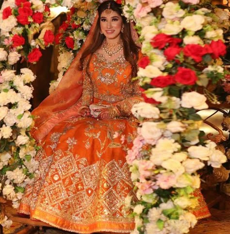 These 25+ Latest & Stylish Orange Lehengas Will Surely Make You A Happy Bride | ShaadiSaga Pakistani Mehndi Dress, Mayon Dresses, Modern Bridal Dress, Bridal Mehndi Dresses, Mehndi Dresses, Shadi Dresses, Desi Wedding Dresses, Happy Bride, Asian Bridal Dresses