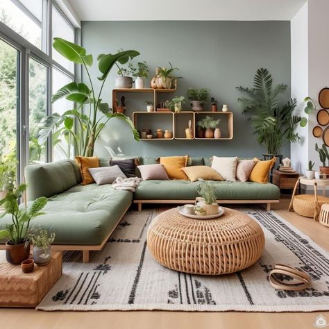 Lounge Room Sofas, Mint Green Sofa Living Room Ideas, Colorful Interiors Living Room, Green Boho Living Room, Sofa Ideas Living Room, Sofa Boho, Tree Living Room, Green Living Room Decor, Boho Lounge