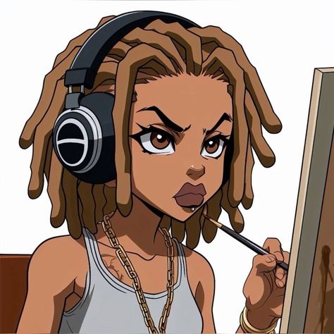 Cartoon Locs Drawing, Cartoons With Locs, Black Cartoon With Locs, Locs Cartoon Black Women, Cartoon With Locs, The Boondocks Painting, Cartoon Characters With Grills, Black Anime Characters Aesthetic, Cartoon Dreads