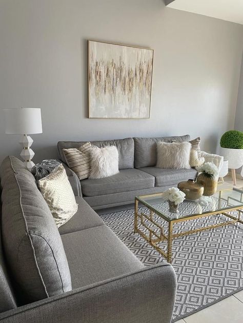 Grey Ivory Living Room, White Cream And Grey Living Room, White Grey Gold House Decor, Grey And Bronze Living Room, Couches For Grey Walls, Grey And Gold Apartment, Grey Golden Living Room, Grey And Neutral Living Room Cozy, Gray White Tan Living Room