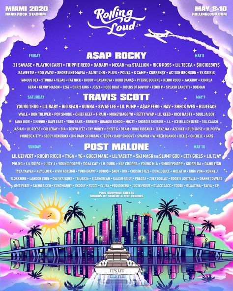 Rolling Loud Line Up 2020 Miami, Florida #RollingLoud2020 #RollingLoud #Festival #Miami #Music Rolling Loud Festival, Rolling Loud Miami, Fat Nick, Hip Hop Festival, Event Posters, Rolling Loud, Festival Inspo, Festival Flyer, Music Festival Poster