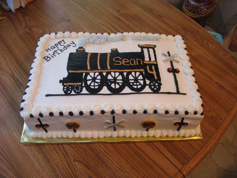 Train FBCT on a half sheet cake. Over-piped with BC. GP decorations. very fun to make! Train Cake For Men, Steam Train Cake, Train Birthday Theme, Motorcycle Cake, Half Sheet Cake, Cake Design For Men, Train Birthday Cake, Sheet Cake Designs, Dad Birthday Cakes