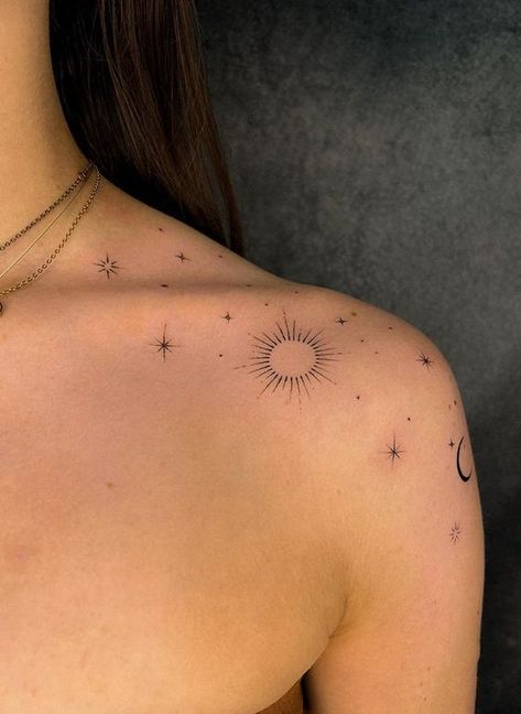 Tattoo Ideas Clavicle Star Tattoo, Crescent Moon Tattoo On Collar Bone, Pretty Tattoos Collar Bone, Stars Across Shoulder Tattoo, Sun Moon Tattoos For Women, Unique Collarbone Tattoo Ideas, Sparkle Collar Bone Tattoo, Sun And Moon Shoulder Tattoos For Women, Sun Moon And Stars Tattoo Shoulder