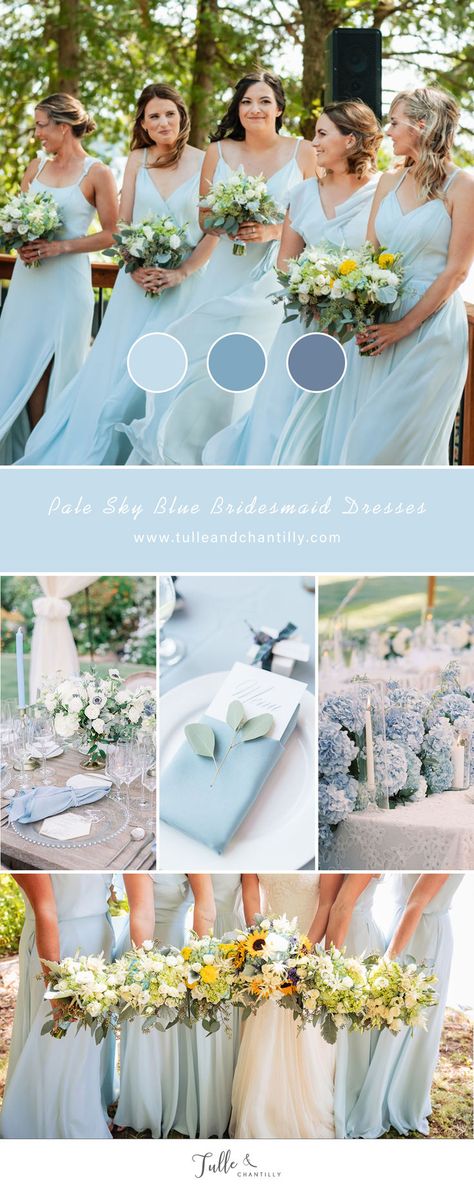 Pale sky blue color bridesmaid dresses and wedding deacor idea for summer wedding color idea Sea Glass Blue Bridesmaid Dresses, Sky Blue Bridesmaids, Bridesmaid Dress Shades, 2024 Summer Wedding, Color Bridesmaid Dresses, Pale Blue Bridesmaid Dresses, Light Blue Wedding Colors, Idea For Summer, Sky Blue Bridesmaid Dresses