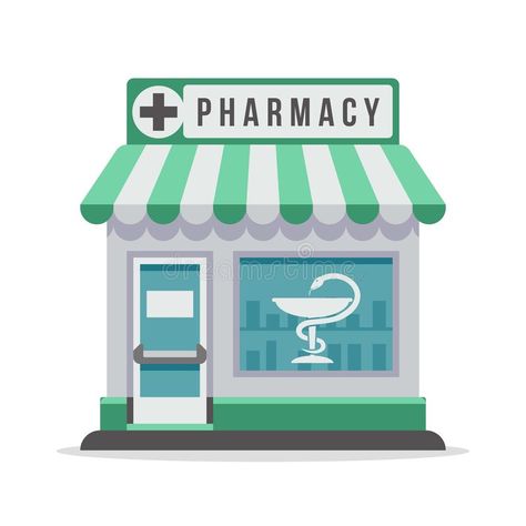 Pharmacy Building, Community Places, Shop Exterior, خريطة ذهنية, Building Icon, Pharmacy Design, Shop Buildings, Flat Vector Illustration, Building Exterior