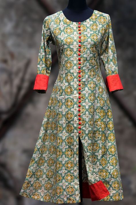 an elegant anarkali in lemon yellow hand-block printed bagru and fabric buttons and tangerine orange mangalgiri border and sleeve cuffs! orange dupatta - on r Batik Print Kurti Patterns, Suit Styles, Indian Kurti Designs, Kurta Patterns, Churidar Designs, Kurti Patterns, Designer Kurti Patterns, Salwar Designs, Kurti Designs Latest