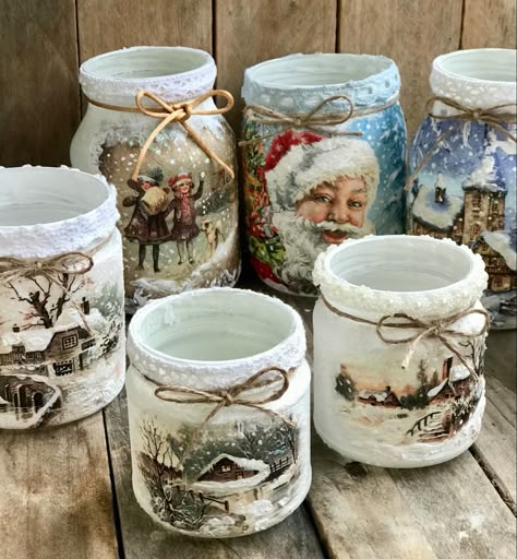 Rustic Christmas Crafts, Antique Christmas Cards, Beeswax Candles Diy, Christmas Fair Ideas, Xmas Decorations Diy, Rustic Wood Crafts, Decoupage Jars, Snowman Crafts Diy, Jewelry Box Makeover